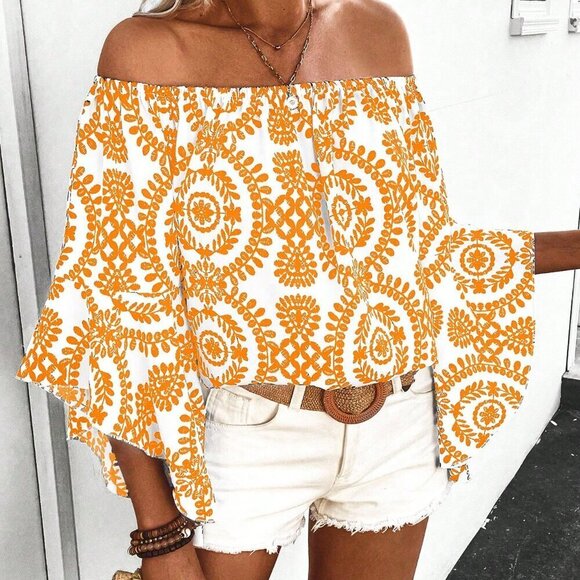 Yellow Boho Women's Holiday Leisure Vintage Printed Off Shoulder Blouse - Picture 6 of 6